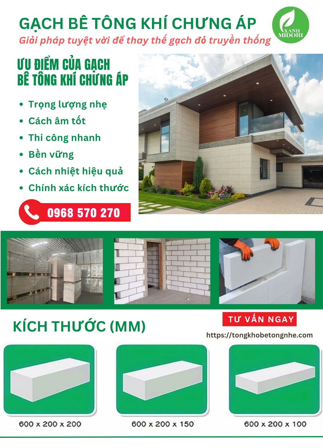 Gạch bê tông nhẹ khí chưng áp AAC – giải pháp thay thế gạch đỏ truyền thống. Trọng lượng nhẹ, cách âm, cách nhiệt hiệu quả, thi công nhanh