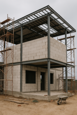 Nhà Khung Thép kết hợp xây tường bao bằng bê tông nhẹ