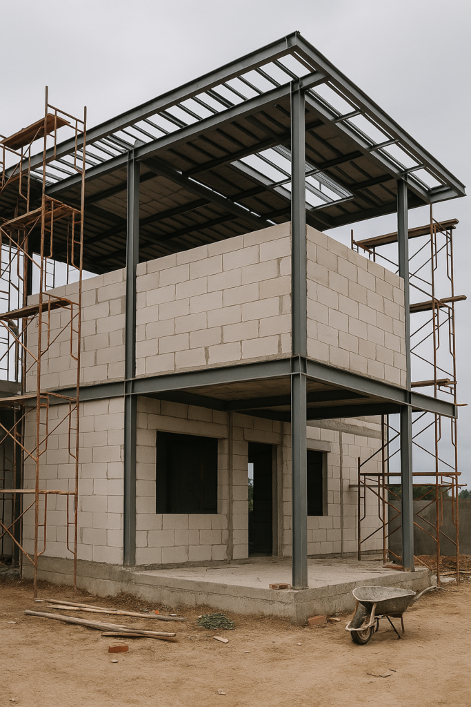 Nhà Khung Thép kết hợp xây tường bao bằng bê tông nhẹ